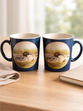 VINTAGE Otagiri Japan Pair of Bkue Ceramic Duck Coffee Tea Cup Mug - 12oz